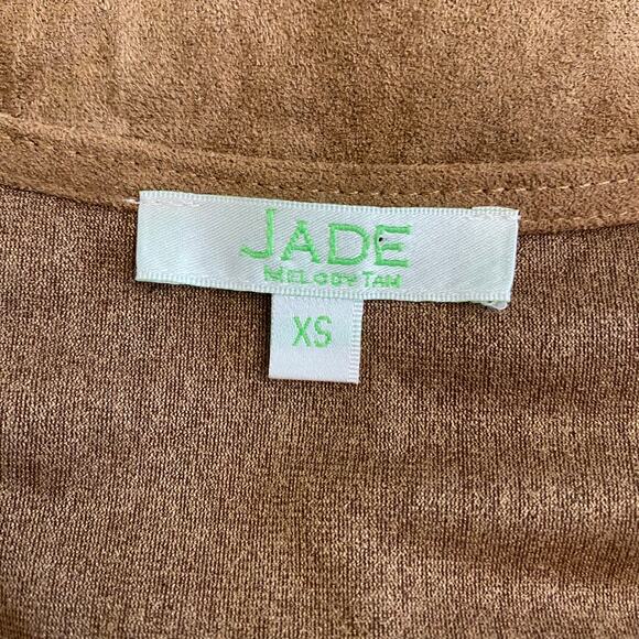 Jade by Melody Tam XS Faux Suede Tan Ruffle Sleeve V-Neck‎ Top Blouse - Picture 2 of 7